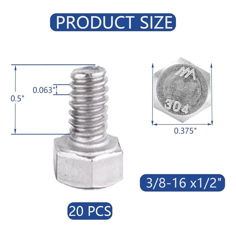 JROUTH 3/8-16 x1/2" Hex Head Screw Bolt(20 PCS), Lock Nuts,Flat & Lock Washers Kits, 304 Stainless Steel 18-8,Fully Threaded. - Image 2